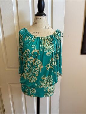 🌸Analili:Teal Paisley Off-Shoulder Blouse